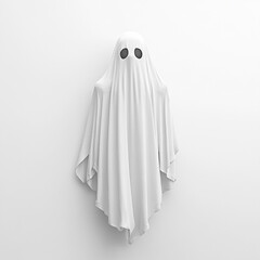 White ghost costume with black eyes on white background fabric sheet