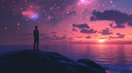 A lone figure stands on a rocky cliff overlooking the ocean at sunset, gazing up at the vast and starry night sky.