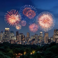 Obraz premium Vibrant fireworks illuminating a modern city skyline at night, celebrating a festival or special event with colorful explosions over skyscrapers with illuminated windows