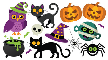 Cute Halloween Cartoon Icons with Owl, Black Cats, Pumpkins, Spider, and Witch Hats