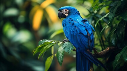 Obraz premium A vibrant blue macaw parrot perched on a branch in a lush green tropical jungle.