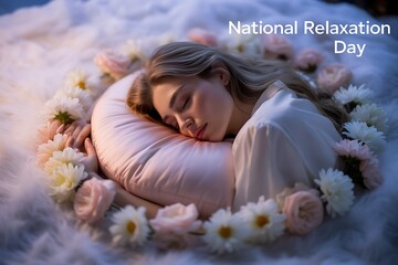Serene young woman peacefully sleeping embraced by soft flowers and plush textures, embodying ultimate relaxation and tranquility.