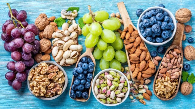 Assorted fresh and dried grapes blueberries nuts pistachios almonds walnuts on a rustic blue wooden table, healthy snacks and fruit composition