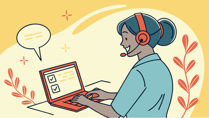 Woman Using Headset While Working on Laptop in a Bright Online Support