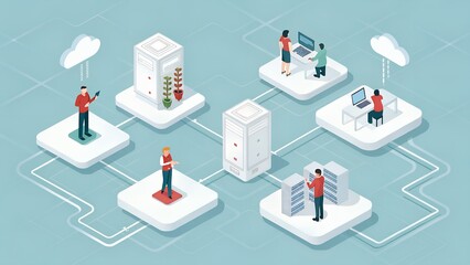 Isometric illustration of a cloud network with servers and people interacting with data