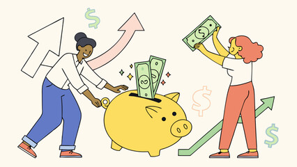 Women Collecting Cash and Depositing in Piggy Bank Representing Financial