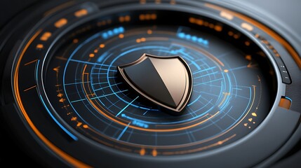 Close up of a shield icon on a dark background with digital grid and orange rings