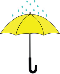 A simple vector illustration of a yellow umbrella with a black "J"-shaped handle. Blue raindrops are falling above the umbrella. The background is plain white with no additional elements.

