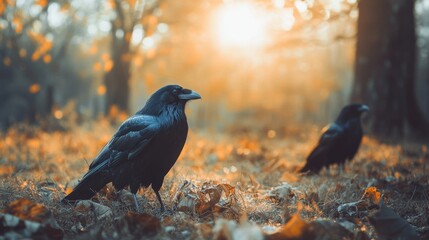 Obraz premium Two crows stand in a forest with the golden sun shining through the trees.