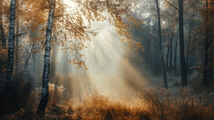 Obraz premium Sunbeams shining through the trees in a misty autumn forest.