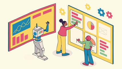 Young Professionals Collaborating on Data Analysis with a Robot in Modern