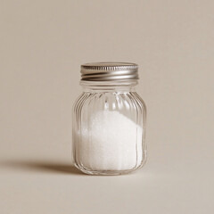 Small Glass Jar Filled With White Granulated Sugar and Metal Lid salt spice