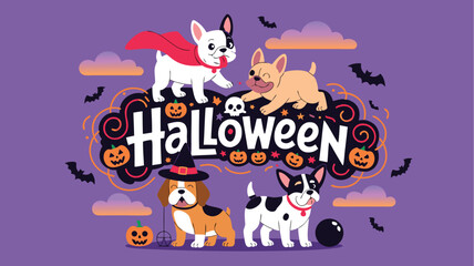 Fototapeta premium Halloween Dogs Illustration Cute Pups in Costume, Pumpkins, Bats, and Festive Decoration on Purple