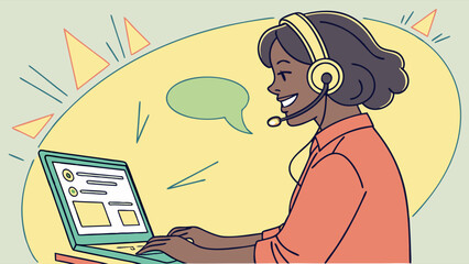 Young Woman Wearing Headset Using Laptop for Communication in a Modern