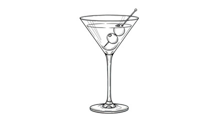 A handdrawn illustration of a classic martini cocktail with olives and a garnish, isolated on a transparent background