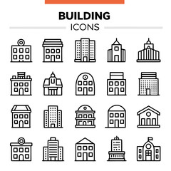 Collection of twenty distinct black outline building icons on a white background architecture city