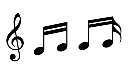 A graphic illustration of musical notes and a treble clef symbol, isolated on a transparent background