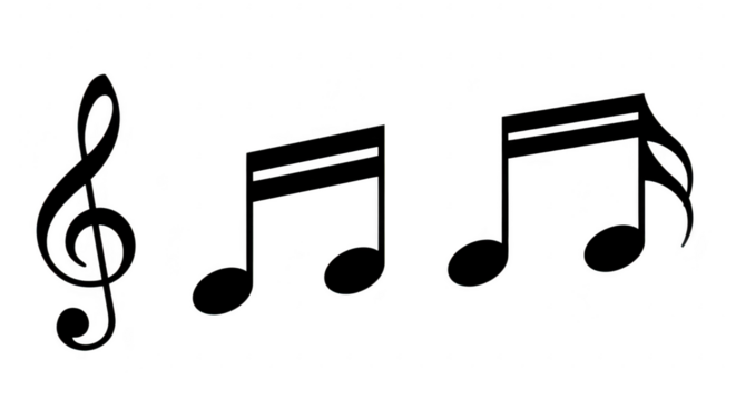 A graphic illustration of musical notes and a treble clef symbol, isolated on a transparent background