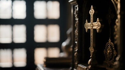 Golden Cross on Ornate Stand in Church Setting