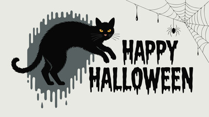Happy Halloween Black Cat Leaping Beside Spiderweb Spooky Holiday Illustration