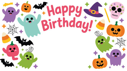 Naklejka premium Happy Birthday with Halloween Ghosts, Pumpkins, Bats, Candy Corn, Skull, and Witch Hat Elements