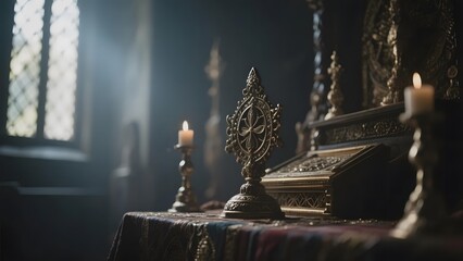 Intricate religious artifacts displayed on a table with candles in a dimly lit, historic setting.