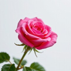 Fototapeta premium Beautiful Pink Rose Bloom with Delicate Petals and Green Leaves Against a Soft Background