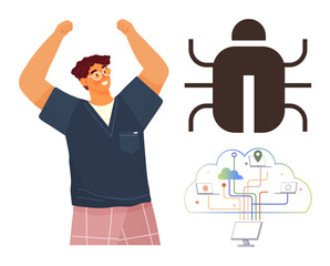 Young developer raising hands in joy, bug icon symbolizing error, cloud computing diagram connecting devices. Ideal for programming, debugging, success, technology, innovation, celebration