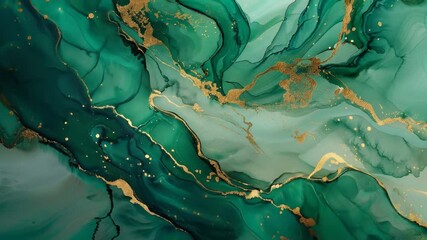 Emerald and gold abstract fluid art with flowing lines and speckles - Powered by Adobe
