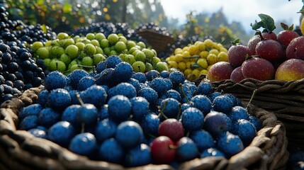 Close-up view of various fruits in baskets.