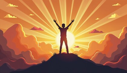 Stylized graphic of youth silhouette in a triumphant pose on an abstract hilltop, sun rays bursting behind, symbolizing self-made success and freedom
