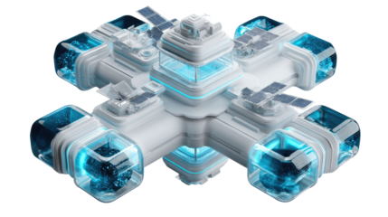 Futuristic Modular Building: A cutting-edge, photorealistic illustration showcases a futuristic modular building with sleek lines, innovative technology, and sustainable elements. 