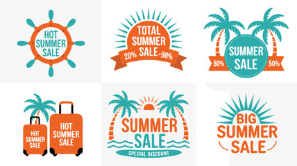 Fototapeta premium Playful Summer Sale Designs Palm Trees, Suitcases, Ship Wheels, and Sunny Beach Themes