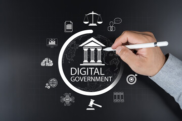 Digital government interface with icons for AI, justice, cloud, data, innovation, and public sector services