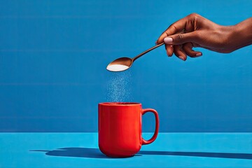 A hand holds a spoon, pouring white powder into a red mug against a vibrant blue backdrop
