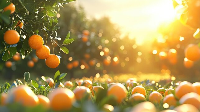 Lush orange grove bathed in golden sunlight.