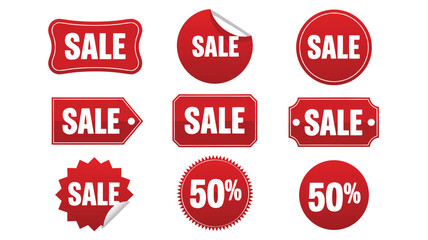 Red Sale Stickers and Tags in Various Shapes Featuring 50 Percent Discount Offerings