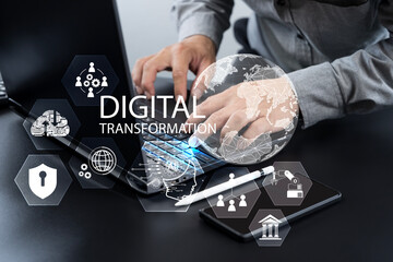 Digital transformation with businessman typing on laptop and icons of AI, data, automation, security, and global network
