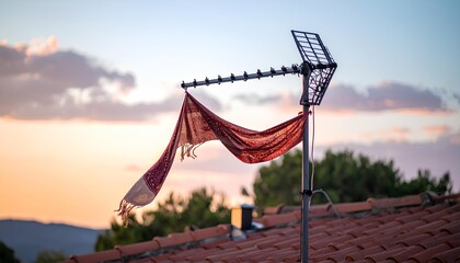 Red Cloth Draped On Rooftop Antenna At Sunset