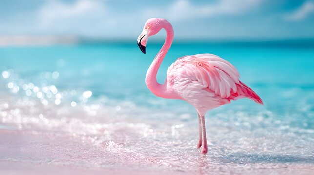 Pink flamingo stands on a beach.