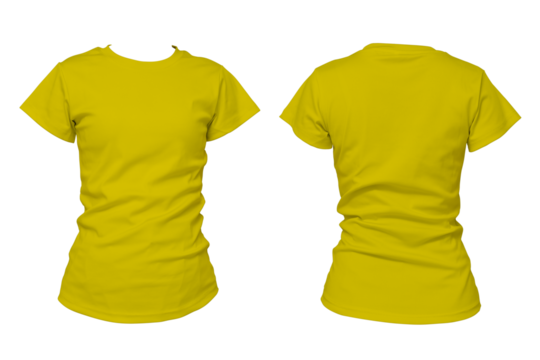Plain yellow women t-shirt front and back view isolated on white background for apparel mockup or fashion design - Powered by Adobe