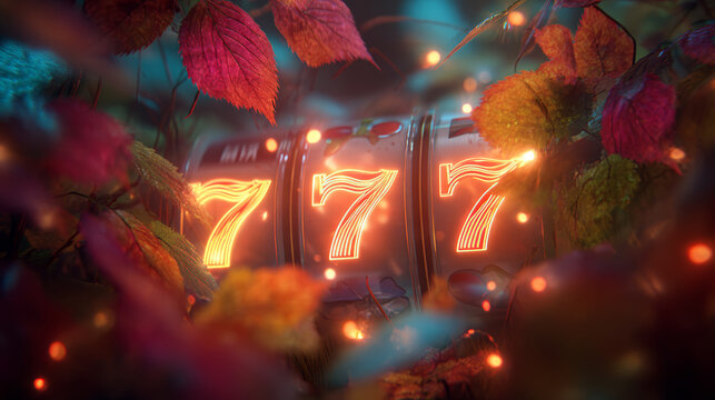 Lucky slot machine showing triple seven surrounded by colorful autumn leaves and glowing light effects in mystical atmosphere