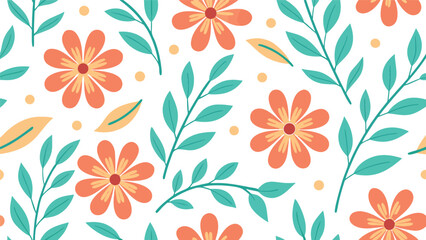 Orange floral teal leaf pattern seamless repeating