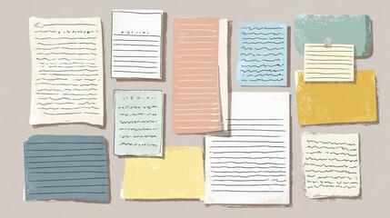 Obraz premium Notes and papers with handwritten text in various colors and sizes arranged on neutral background, creating organized and creative workspace