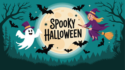 Spooky Halloween Featuring a Witch, Ghost, Bats, and Full Moon Illustration