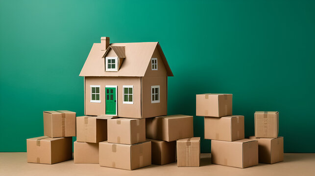 A cardboard model of a small house on top of cardboard boxes against a green background  representing a real estate downsizing and moving concept