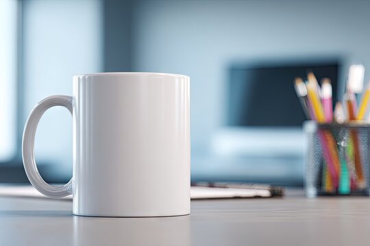 Blank white mug on a desk in a modern office setting - Powered by Adobe