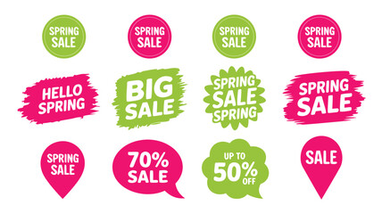 Vibrant Spring Sale Stickers Colorful Icons, Circular Badges, Discount Offers, and Promotional Elements