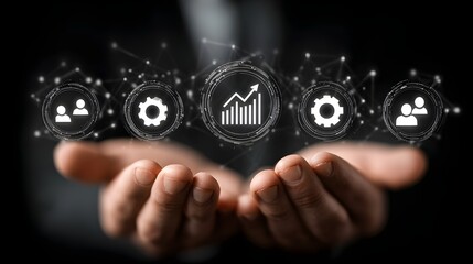 Business Growth Strategy:  Hands Holding Digital Icons
