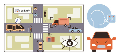 Urban intersection with AI monitoring speed, vehicles with connectivity sensors, facial recognition, smart traffic lights, buses, and delivery vehicles. Ideal for smart city, AI-driven automation